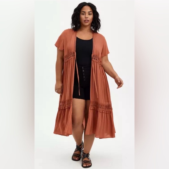 Torrid Duster Length Kimono Tie Front Lace Details in Orange Rust Size 2X - Picture 3 of 15